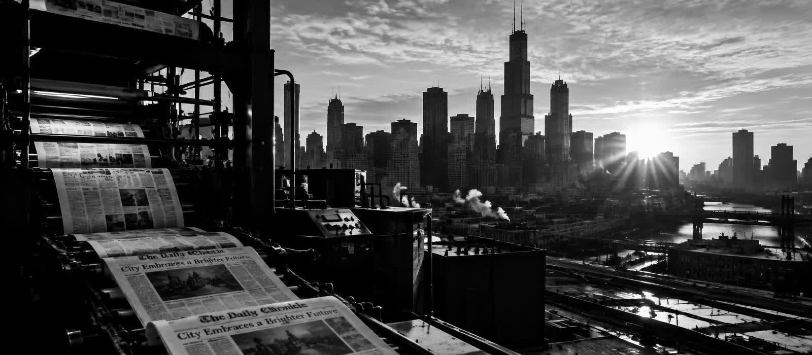 City skyline at dawn beside newspaper presses